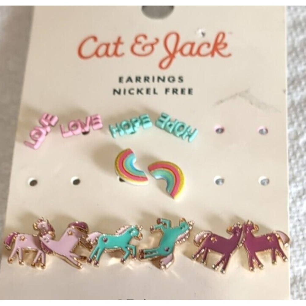 Cat & Jack Girls Earrings Stud Nickel Free Rainbows Unicorns 6 Pairs